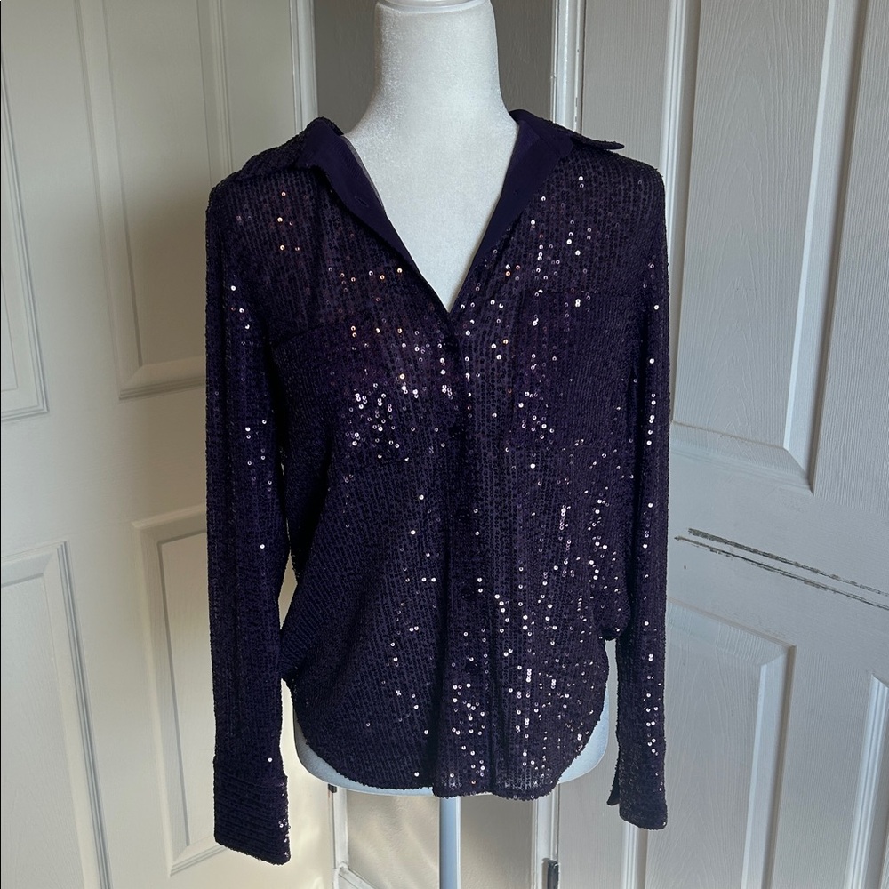 Anthropologie Sunday in Brooklyn Dark Purple Sequin Blouse button up